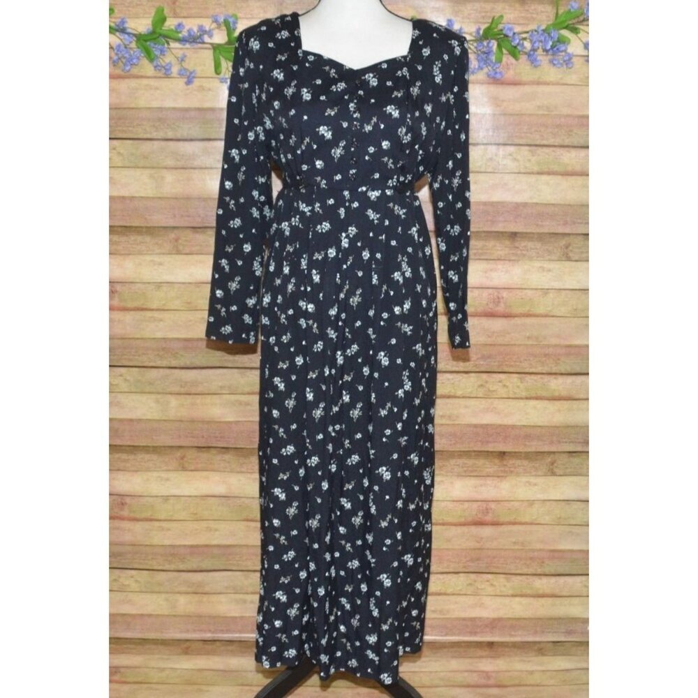 Vintage S. Roberts Black Floral Maxi Dress Size 11 12 Prairie Cottagecore Modest